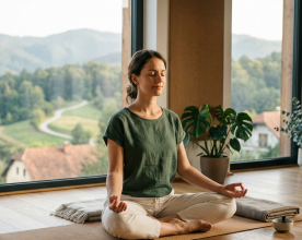 Žena u meditativnom položaju vježba emocionalnu regulaciju i mindfulness u mirnom studiju s pogledom na prirodu.