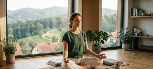 Žena u meditativnom položaju vježba emocionalnu regulaciju i mindfulness u mirnom studiju s pogledom na prirodu.