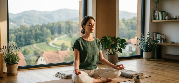 Žena u meditativnom položaju vježba emocionalnu regulaciju i mindfulness u mirnom studiju s pogledom na prirodu.